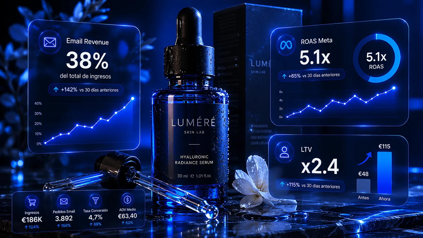 Caso de éxito BlueGrow Cosmética: Email Revenue 38%, ROAS Meta 5.1x, LTV x2.4