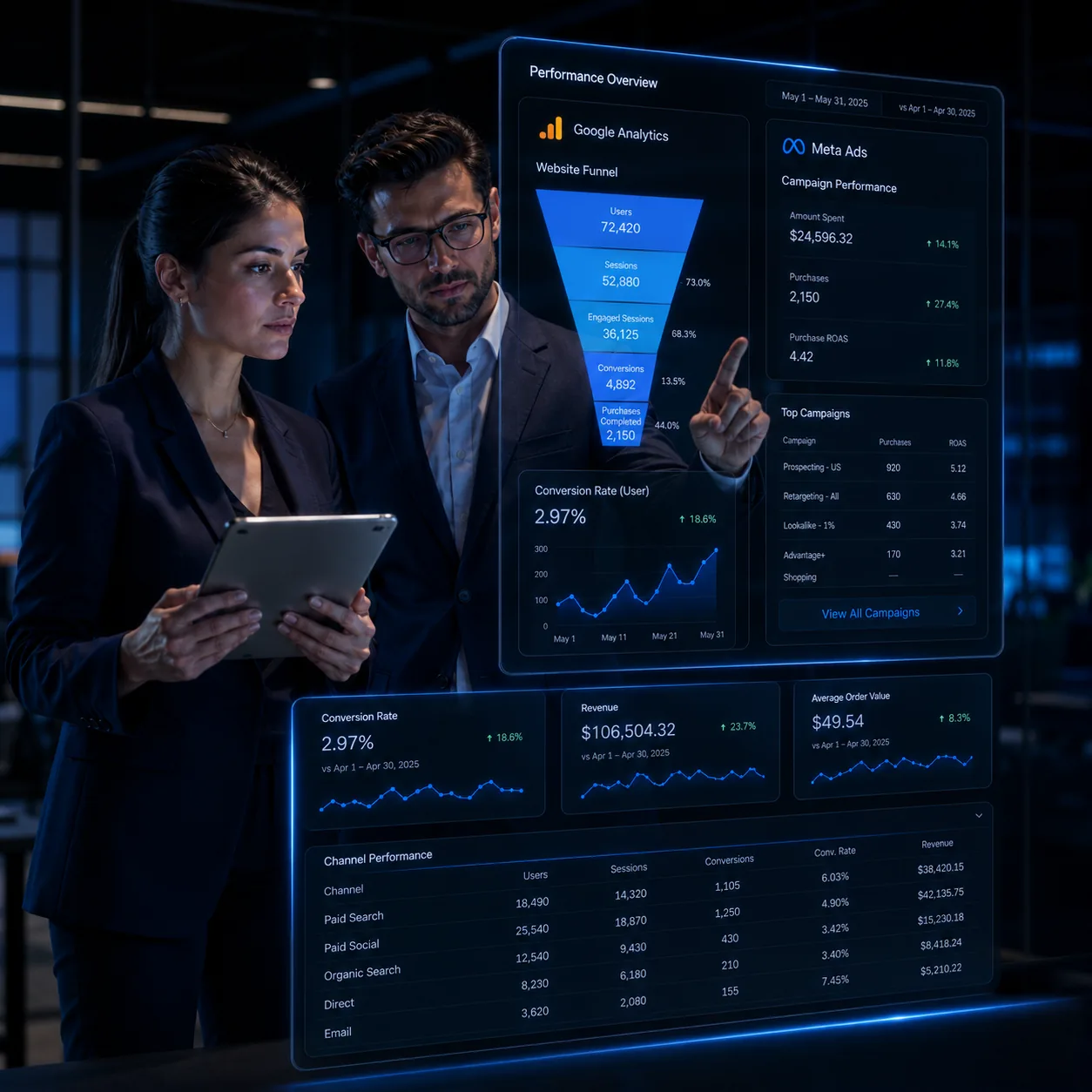 Equipo de BlueGrow auditando un dashboard de analytics