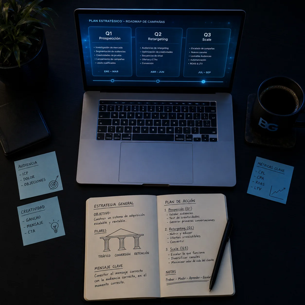 Roadmap estratégico de campañas Q1 Q2 Q3 en un MacBook con plan de acción en libreta