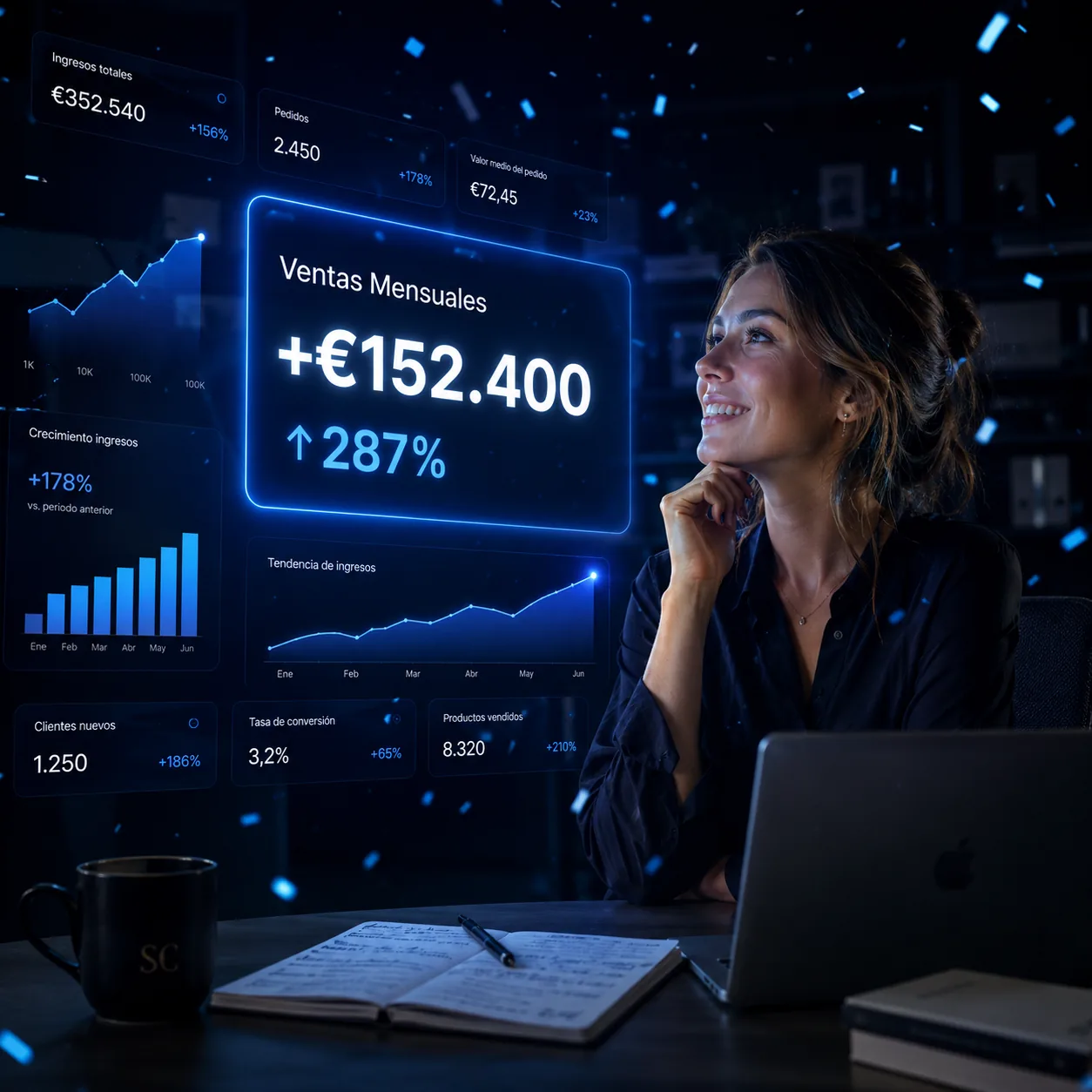 Founder de ecommerce viendo ventas mensuales subir +287% en un dashboard